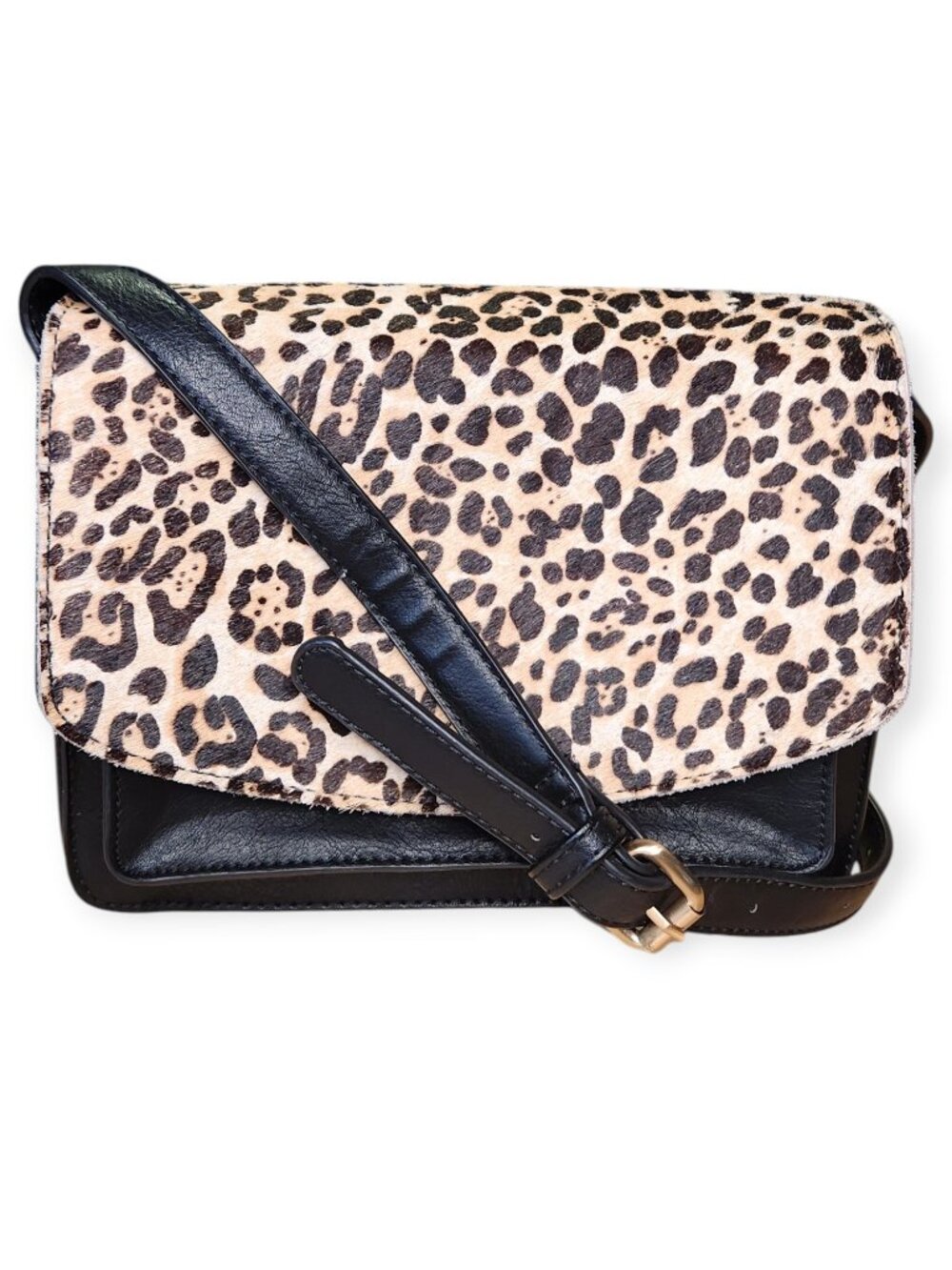 Sole Society Calf Hair Leopard Print Vegan Black Leather Crossbody Handbag Purse